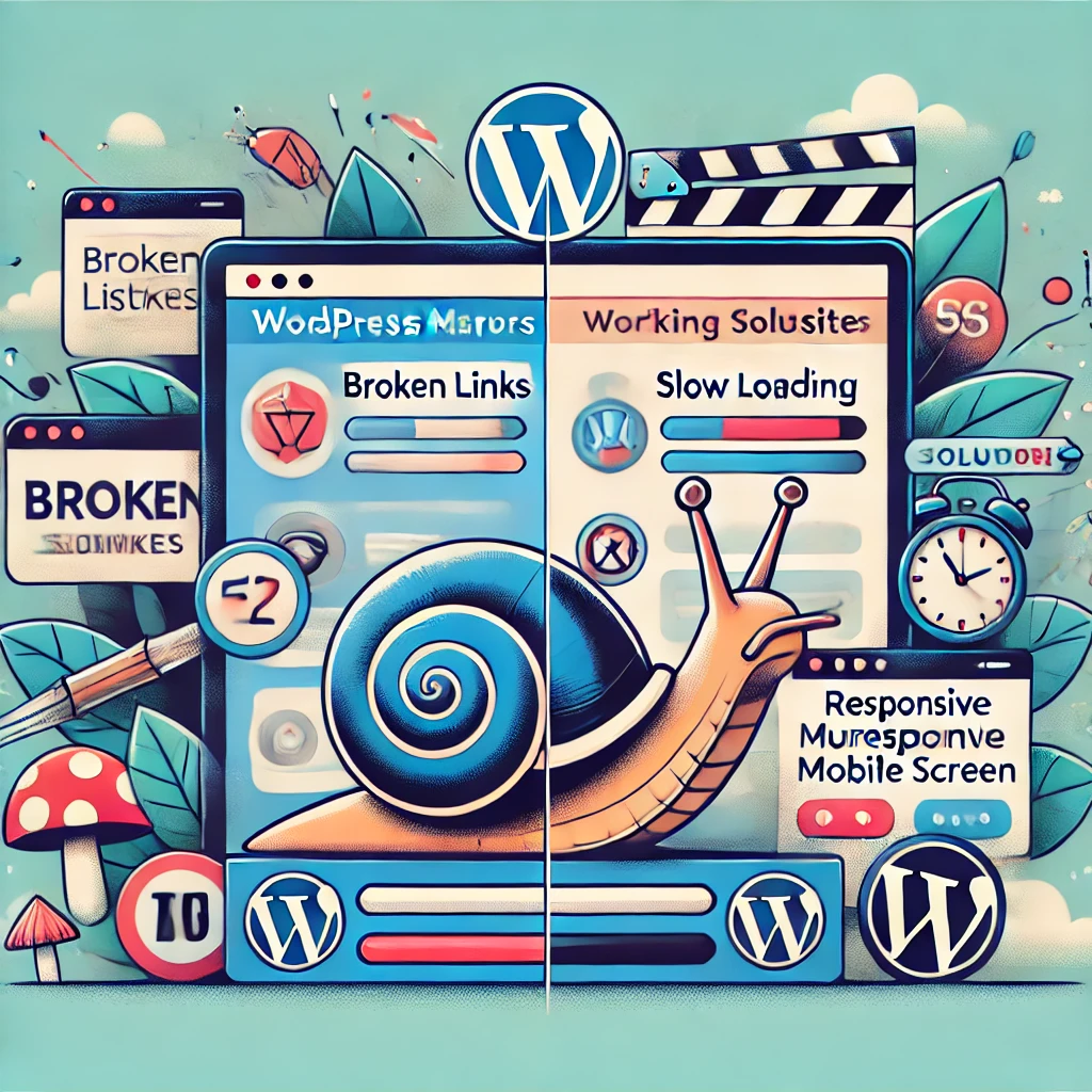 A visually engaging illustration representing common WordPress mistakes, featuring a split-screen concept. On one side, show typical website errors